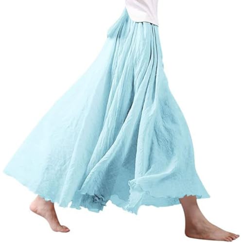 Onsoyours Damen Boho Sommerrock Baumwolle Maxirock Retro Langer Rock Strandrock Elastische Taille Tanzrock Double Layer A-Linie Einfarbig Rock A Hellblau L von Onsoyours