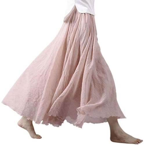 Onsoyours Damen Boho Sommerrock Baumwolle Maxirock Retro Langer Rock Strandrock Elastische Taille Tanzrock Double Layer A-Linie Einfarbig Rock A Rosa L von Onsoyours