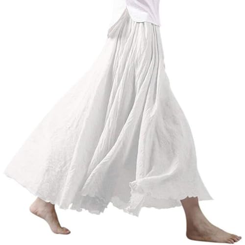 Onsoyours Damen Boho Sommerrock Baumwolle Maxirock Retro Langer Rock Strandrock Elastische Taille Tanzrock Double Layer A-Linie Einfarbig Rock A Weiß M von Onsoyours