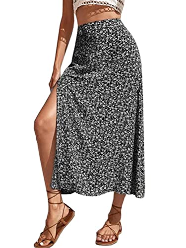 Onsoyours Damen Boho Sommerrock Schlitzwickel Rock Hoher Taille Elastischer A Linie Lang Rock Freizeitrock Geteilte Wickelröcke Midirock Blumenrock A Schwarz L von Onsoyours