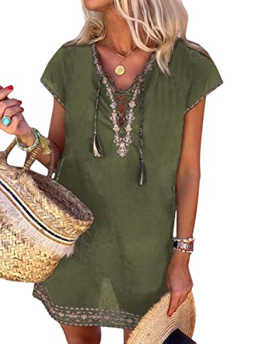 Onsoyours Damen Boho Tunika Hippie Bestickt Blumen Blusenkleid Sommerkleid Bohemian Stickerei Tunika Bluse Grün 38 von Onsoyours