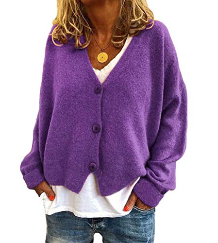 Onsoyours Damen Bolero Kurze Strickjacke Langarm Cardigan Elegante Jacke V Ausschnitt Pullover Stricken Strickweste Mit Knopf B Violett 3XL von Onsoyours