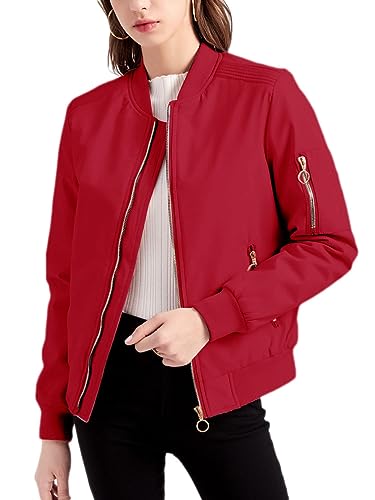 Onsoyours Damen Bomberjacke Casual Kurze Pilotenjacke Langarm Outwear Bomber Jacket Solid Leichte Fliegerjacke Blouson Herbst Sweatjacke Herbst Übergangsjacke College Jacke B Rot XS von Onsoyours