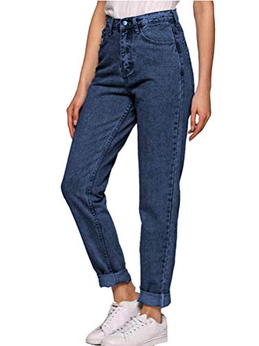 Onsoyours Damen Boyfriend Jeans Hose Reißverschluss Knopfleiste Hoher Taille High Waist Stretch Schlank Jeanshose Push Up Denim Pants Dunkelblau L von Onsoyours