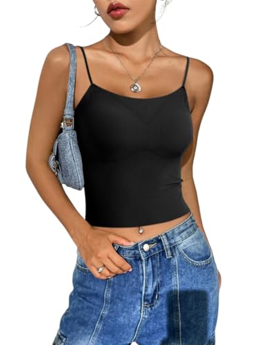 Onsoyours Damen Camisole Top Mit BH Hemd Y2K Spaghettiträger Ärmelloses Weste Sommer Oberteile Slim Fit Korsett Top Bequeme Unterhemd Streetwear Tank Tops A Schwarz S von Onsoyours