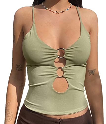 Onsoyours Damen Camisole Y2K Aesthetic Oberteil Crop Top Sexy Cut Out Bralette Rückenfrei Ärmellose Weste Schnür Leibchen Sommertop Kurzes Tank Top E-Girl Streetwear J Hellgrün S von Onsoyours