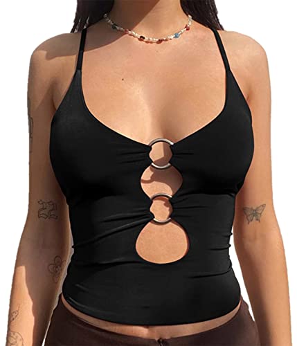 Onsoyours Damen Camisole Y2K Aesthetic Oberteil Crop Top Sexy Cut Out Bralette Rückenfrei Ärmellose Weste Schnür Leibchen Sommertop Kurzes Tank Top E-Girl Streetwear J Schwarz M von Onsoyours