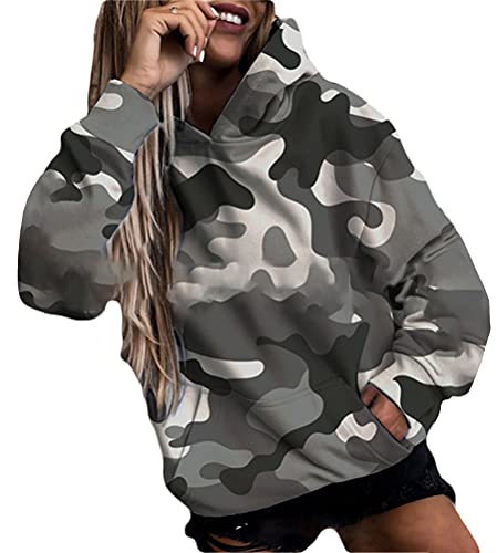 Onsoyours Damen Camouflage Pulli Sweatshirts Hoodie Sport Langarm Kapuzenpullover Mode Bequem Casual Farbblock Pulli Mit Taschen A Grau 3XL von Onsoyours