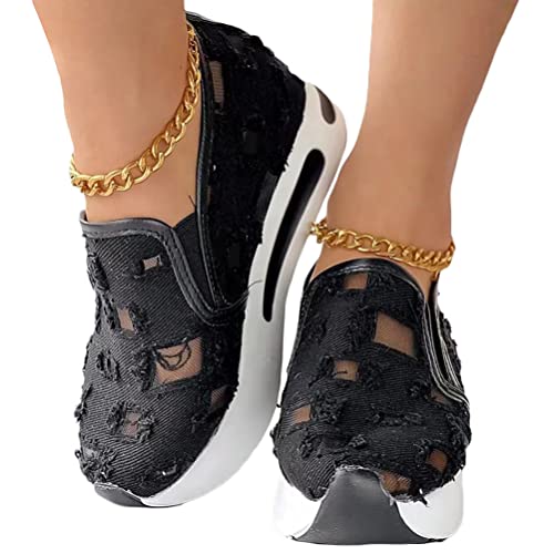 Onsoyours Damen Canvas Plateau Sneaker Slip-On Bequeme Schuhe Mesh Laufschuhe mit Keilabsatz Atmungsaktive Freizeitschuhe Sommer Höhle Schuhe A Schwarz 40 EU von Onsoyours