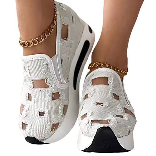 Onsoyours Damen Canvas Plateau Sneaker Slip-On Bequeme Schuhe Mesh Laufschuhe mit Keilabsatz Atmungsaktive Freizeitschuhe Sommer Höhle Schuhe A Weiß 36 EU von Onsoyours