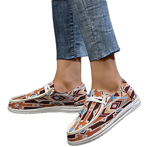 Onsoyours Damen Canvas Schuhe Sneakers Low Cut Flache Schuhe Schnürschuhe Weiche Wanderschuhe Loafer Slip On Patchwork Ethnischer Retro Stil Segeltuchschuhe A Orange 37 EU von Onsoyours