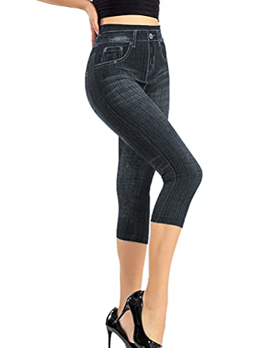 Onsoyours Damen Capri 3/4 Hose Kurze Caprihose Sommer Bermuda Stretch Stoffhose Sommerhose Knielang Leggings Freizeithose im Denim-Look Hoher Bund A Schwarz L von Onsoyours