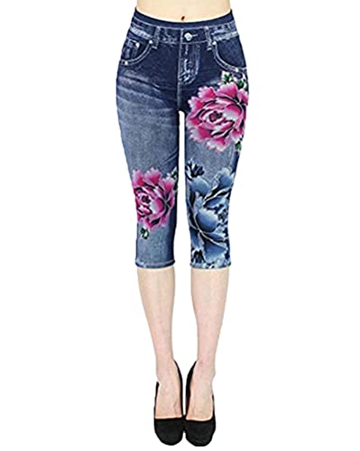 Onsoyours Damen Capri 3/4 Hose Kurze Caprihose Sommer Bermuda Stretch Stoffhose Sommerhose Knielang Leggings Freizeithose im Denim-Look Hoher Bund B Dunkelblau M von Onsoyours