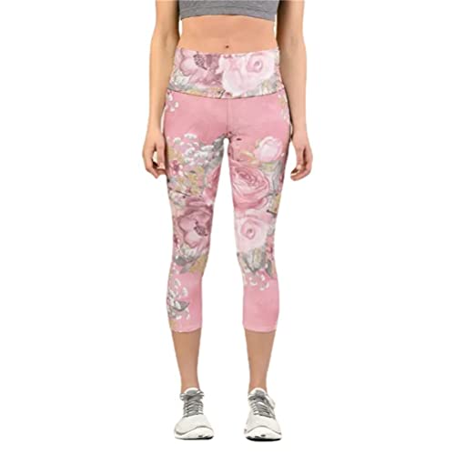 Onsoyours Damen Caprihosen Sommer Dünne Basic Hohe Taille 3/4 Leggings Drucken Capri Cropped Hose Freizeithose Stretch Stoffhose Sommerhose Blumen Sporthose A Rosa M von Onsoyours