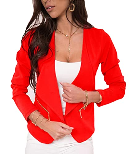 Onsoyours Damen Cardigan Elegant Blazer Sakko Langärmliger Kurzjacke mit Zipper Anzugjacke Einfarbig Blazer Business Slim Fit Bolero Jacke Anzug Trenchcoat Rot M von Onsoyours