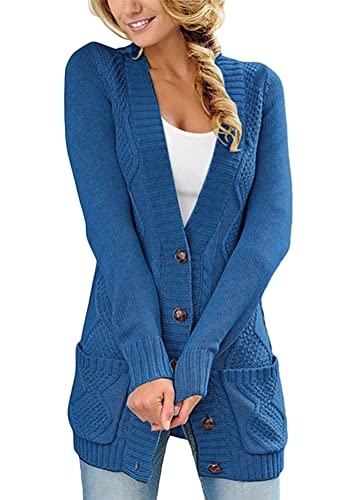 Onsoyours Damen Cardigan Langarm Strickjacke Herbst Winter Casual Strickcardigan Open Front Sweater Gestrickte Mantel mit Knopf A Blau XS von Onsoyours