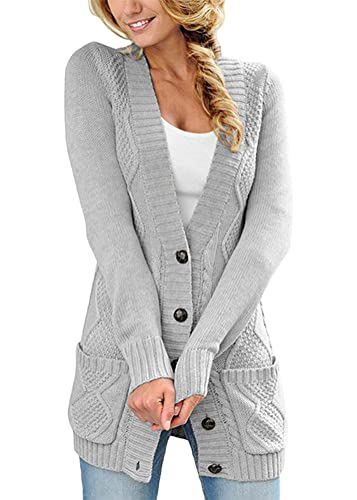 Onsoyours Damen Cardigan Langarm Strickjacke Herbst Winter Casual Strickcardigan Open Front Sweater Gestrickte Mantel mit Knopf A Hellgrau XL von Onsoyours