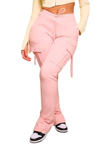 Onsoyours Damen Cargo Hose Classics Cargohose Straight Hohe Taille Capri Lange Hosen Streatwear mit Taschen Jogginghose Sporthose Armee Militär Wanderhose Outdoorhose A Rosa M von Onsoyours