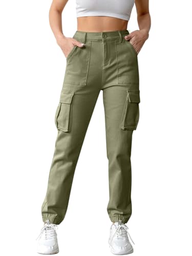 Onsoyours Damen Cargo Hose Classics Cargohose Straight Hohe Taille Capri Lange Hosen Streatwear mit Taschen Jogginghose Sporthose Armee Militär Wanderhose Outdoorhose C Grün M von Onsoyours