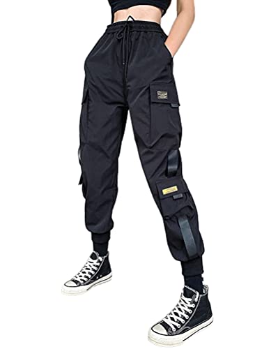 Onsoyours Damen Cargo Hose Freizeithosen Arbeit Kampf Hosen Hip Hop Jogger Hosen Baggy Streetwear Punk Hose mit Mehrere Taschen C Schwarz L von Onsoyours