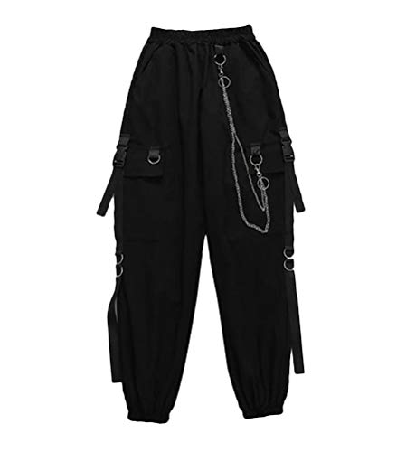 Onsoyours Damen Cargo Hosen Schnalle Band Tasche Jogger Elastische Taille Hohe Street Harajuku Hose Kette Frauen Mode Kurzarm T-Shirt Crop Tops Cargohose Zwei Stück Sets G Schwarz XXL von Onsoyours