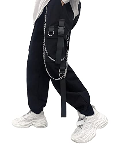 Onsoyours Damen Cargo Hosen mit Kette Gothic Hosen Hohe Taille Cargo Hose Mehrfachtasche Punk Hosen Frauen Baggy Hip Hop Jogger Street Hose Streetwear E Schwarz L von Onsoyours