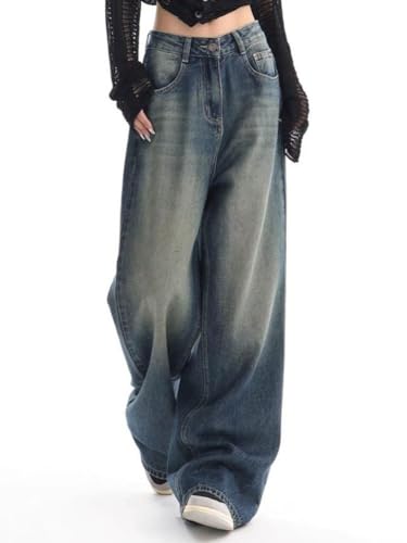 Onsoyours Damen Cargohose Baggy High Waist Cargo Jeans Gerade Breites Bein Denim Hosen Y2k Aesthetic Vintage Jeanshosen 90er Streetwear Jeanshose Straight Leg Boyfriend Jeans A13 Dunkelblau L von Onsoyours