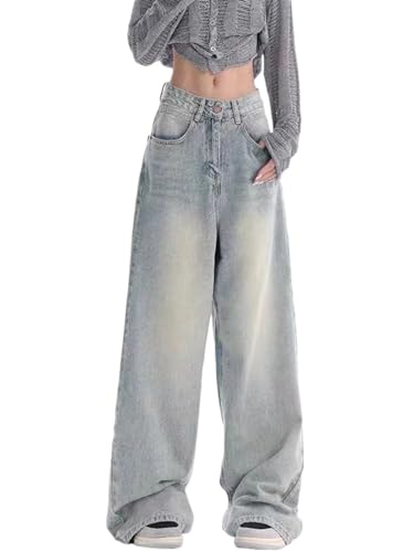 Onsoyours Damen Cargohose Baggy High Waist Cargo Jeans Gerade Breites Bein Denim Hosen Y2k Aesthetic Vintage Jeanshosen 90er Streetwear Jeanshose Straight Leg Boyfriend Jeans A9 Blau XS von Onsoyours