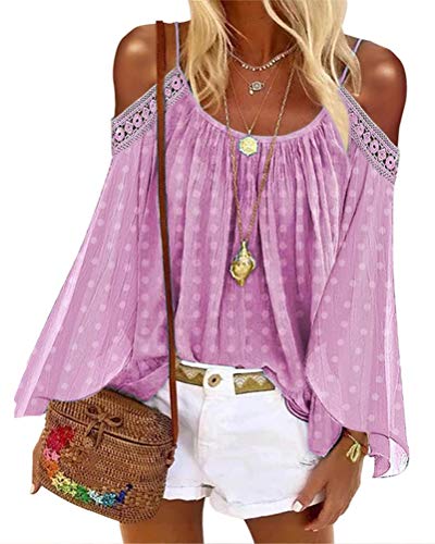 Onsoyours Damen Carmenbluse Chiffonbluse Schulterfrei Bluse Trompetenärmel mit Rüschen Transparent Einfarbig Polka Dot Langarmshirt Sommer Oberteil Tops A Rosa 46 von Onsoyours