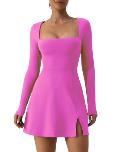 Onsoyours Damen Casual Basic Solid Kleid mit Quadratischem Halsausschnitt Langarm Bodycon Kleid mit Seitenschlitz und Schlagseite Minikleider Sport Kleider A Rosa L von Onsoyours