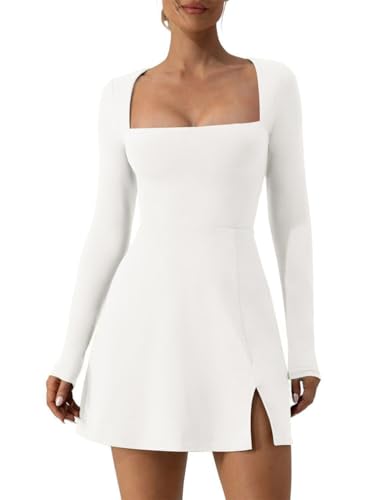 Onsoyours Damen Casual Basic Solid Kleid mit Quadratischem Halsausschnitt Langarm Bodycon Kleid mit Seitenschlitz und Schlagseite Minikleider Sport Kleider A Weiß S von Onsoyours