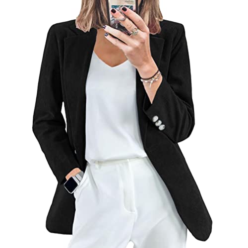 Onsoyours Damen Casual Cord Blazer Vintage Einfarbige Cordjacke Langarm Blazer Freizeit Jacken Revers Arbeit Büro Jacken Blazer Anzug Strickjacke Outwear A Schwarz M von Onsoyours