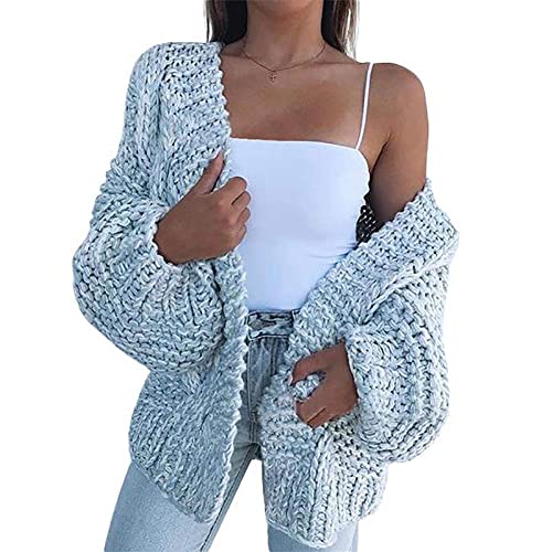 Onsoyours Damen Casual Gestrickt Strickjacken Himmelblau V-Ausschnitt Laternenärmel Oversize Lässige Grobe Cardigan Strickjacke Damen Mode XXL von Onsoyours