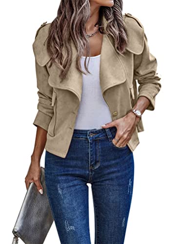 Onsoyours Damen Casual Jacke Einfarbig Langarm Bomberjacke Knöpfen Reverskragen Outwear Kurz Coat Herbst Winter A Khaki S von Onsoyours