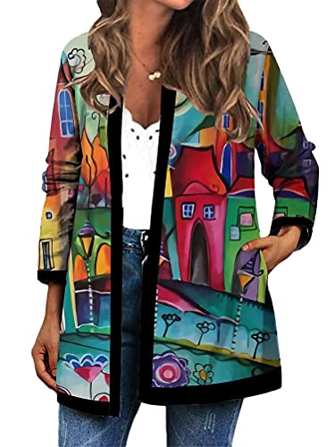 Onsoyours Damen Casual Jacke Jahrgang Drucken Patchwork Übergröße Jacken Herbst Frühling Langarm Retro Strickjacke Mantel Übergangsjacke mit Tasche Mehrfarbig 02 XXL von Onsoyours