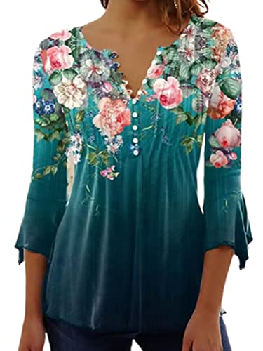 Onsoyours Damen Casual T-Shirt 3/4 Arm V-Ausschnitt Knopfleiste Bluse Longshirt Elegant Blumen Tunika Oberteile Top Hemd Sommer Frühling E Grün L von Onsoyours