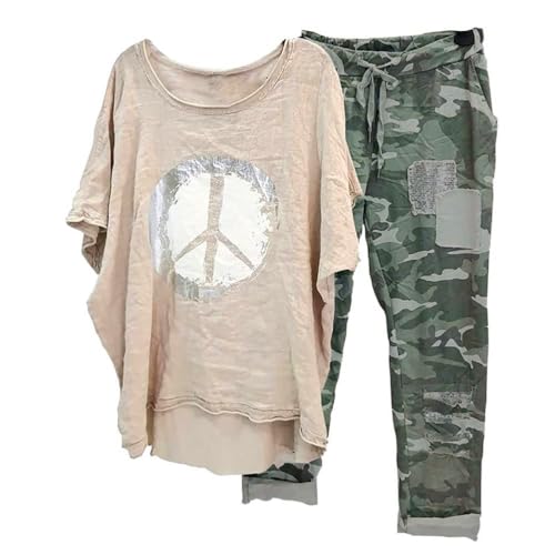 Onsoyours Damen Casual Zweiteiler Trainingsanzug 3/4 Arm Shirt Hohe Taille Lange Hosen Set Trendy Sommer Loungewear Streetwear Anzüge A Aprikose M von Onsoyours