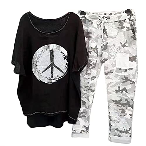 Onsoyours Damen Casual Zweiteiler Trainingsanzug 3/4 Arm Shirt Hohe Taille Lange Hosen Set Trendy Sommer Loungewear Streetwear Anzüge A Schwarz XS von Onsoyours