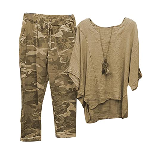 Onsoyours Damen Casual Zweiteiler Trainingsanzug 3/4 Arm Shirt Slim Hohe Taille Lange Hosen Set Loungewear Streetwear Anzüge E Khaki L von Onsoyours