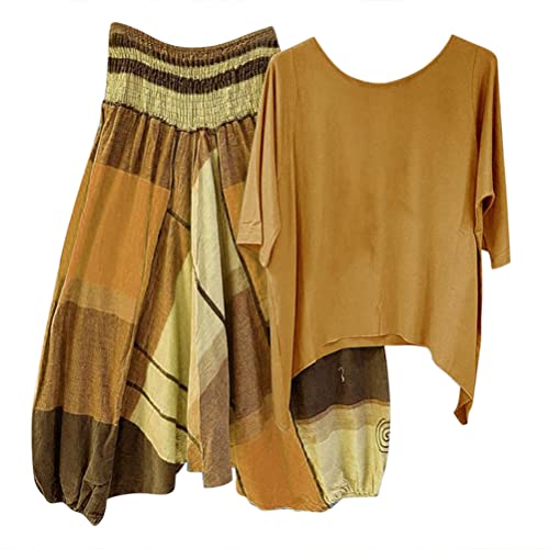 Onsoyours Damen Casual Zweiteiler Trainingsanzug 3/4 Arm Shirt Hohe Taille Lange Hosen Set Trendy Sommer Loungewear Streetwear Anzüge Slim Fit I Gelb 3XL von Onsoyours