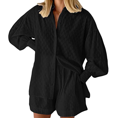 Onsoyours Damen Casual Zweiteiler Trainingsanzug Revers Langarm Button-Down Shirt Hohe Taille Shorts Set Trendy Sommer Trainingsanzug für Streetwear B Schwarz S von Onsoyours