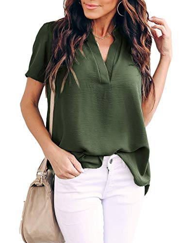 Onsoyours Damen Chiffon Blusen Elegante Reißverschluss Langarmshirts Bluse Tunika Oberteile T-Shirt V-Ausschnitt Tops I Grün 42 von Onsoyours