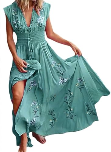 Onsoyours Damen Chiffon Boho Lange Kleid Mit Gürtel Sommerkleid Elegant Partykleid V-Ausschnitt Maxikleid Blumenkleid Abendkleid Rüschen Strandkleid Cocktailkleid 04 Grün 36 von Onsoyours