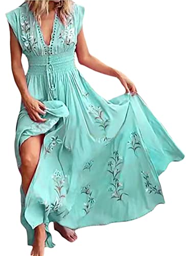 Onsoyours Damen Chiffon Boho Lange Kleid Mit Gürtel Sommerkleid Partykleid Elegant V-Ausschnitt Maxikleid Blumenkleid Abendkleid Rüschen Strandkleid Cocktailkleid 04 Blau 40 von Onsoyours