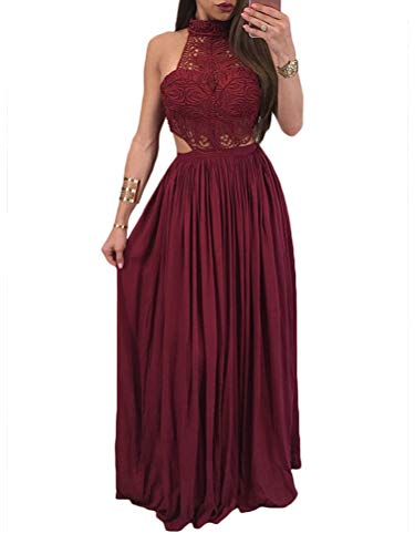 Onsoyours Damen Cocktailkleid Ärmellos V-Ausschnitt Spitzenkleid Brautjungfer Chiffon Faltenrock Langes Kleid Abendkleider Retro Vintage Neckholder A Rot 36 von Onsoyours