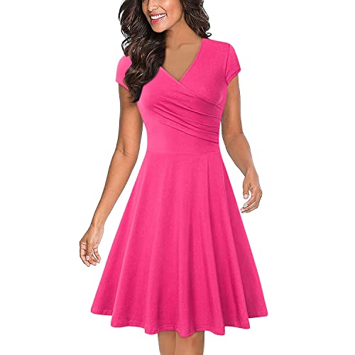 Onsoyours Damen Cocktailkleid Abendkleider Kurzarm V-Ausschnitt Knielang Elegant Einfarbig Businesskleider A Linie Swing Kleid Faltenrock Ballkleid A Rosa 3XL von Onsoyours