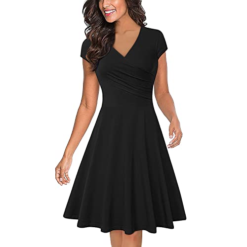 Onsoyours Damen Cocktailkleid Abendkleider Kurzarm V-Ausschnitt Knielang Elegant Einfarbig Businesskleider A Linie Swing Kleid Faltenrock Ballkleid A Schwarz XS von Onsoyours