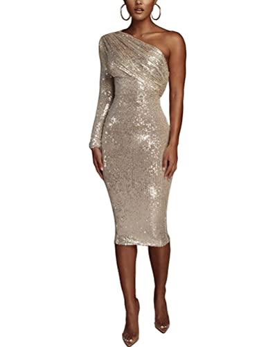 Onsoyours Damen Cocktailkleid Glitzer Maxikleider Elegant Sexy Tief V Ausschnitt Schlitz Kleid Partykleider Wickelkleid Abendkleid mit Gürtel B Gold S von Onsoyours