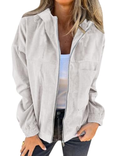 Onsoyours Damen Cord Jacke Übergangsjacke mit Kapuze Brauner Cord Mantel Damen Übergangsjacke Gefüttert Langarm Reißverschluss Herbst-Wintermantel mit Taschen A Beige L von Onsoyours