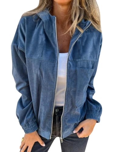 Onsoyours Damen Cord Jacke Übergangsjacke mit Kapuze Brauner Cord Mantel Damen Übergangsjacke Gefüttert Langarm Reißverschluss Herbst-Wintermantel mit Taschen A Blau L von Onsoyours